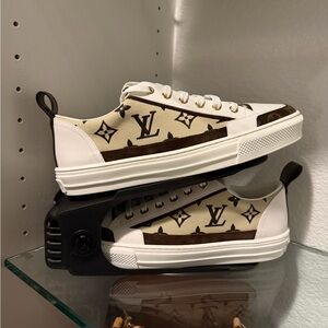 Louis Vuitton White and Brown Canvas Sneakers